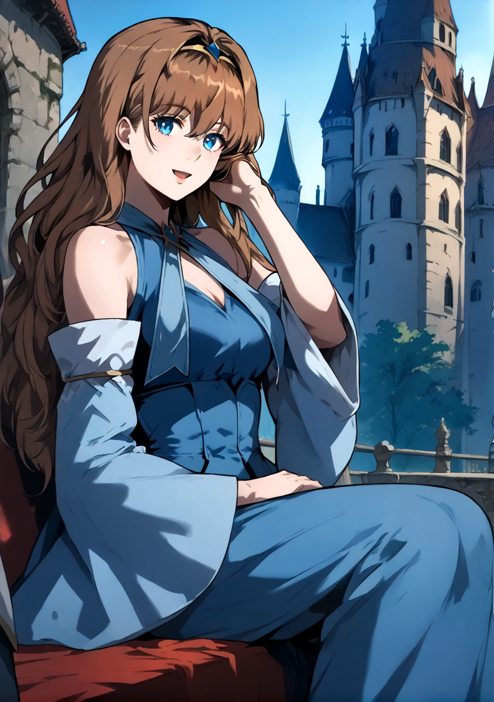 <lora:Anjac_Protesia:1>
brown hair, long hair, hair between eyes, bangs, blue eyes,  <lora:!action-sdxl-V0.5:1>
blue dress,  detached sleeves, hairband, skirt, long dress, wide sleeves, bare shoulders, 
score_9, score_8_up, score_7_up, very aesthetic, source_anime, detailed, high quality, beautiful, masterpiece, detailed eyes, castle, village, blurry background, cityscape, pose dynamic angle, light smile, open mouth, hand on hair, sitting, <lora:light:1>