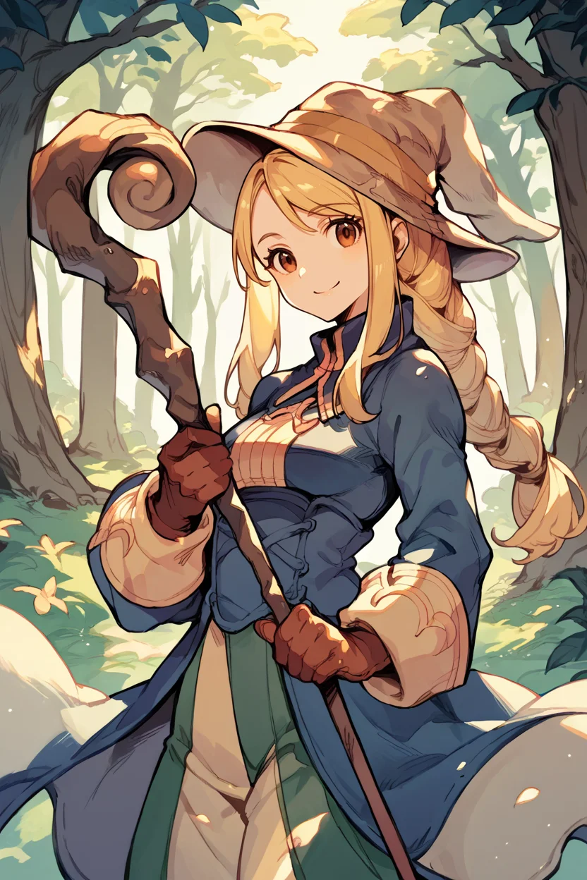 score_9, score_8_up, score_7_up, score_6_up, source_anime, 1girl BREAK <lora:agrias-pdxl-nvwls-v1-000005:1> agrias, blonde hair, brown eyes, braided ponytail <lora:BlackMageCostumeSDXL-V1:1> bmcostume, forest, smile, hat, looking at viewer, holding staff