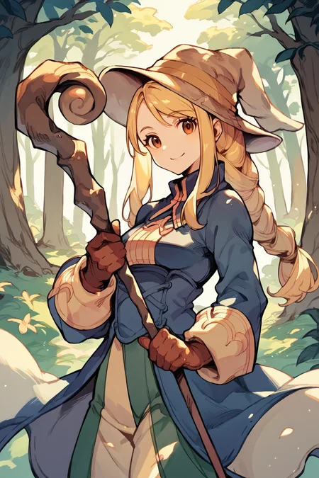 score_9, score_8_up, score_7_up, score_6_up, source_anime, 1girl BREAK <lora:agrias-pdxl-nvwls-v1-000005:1> agrias, blonde hair, brown eyes, braided ponytail <lora:BlackMageCostumeSDXL-V1:1> bmcostume, forest, smile, hat, looking at viewer, holding staff