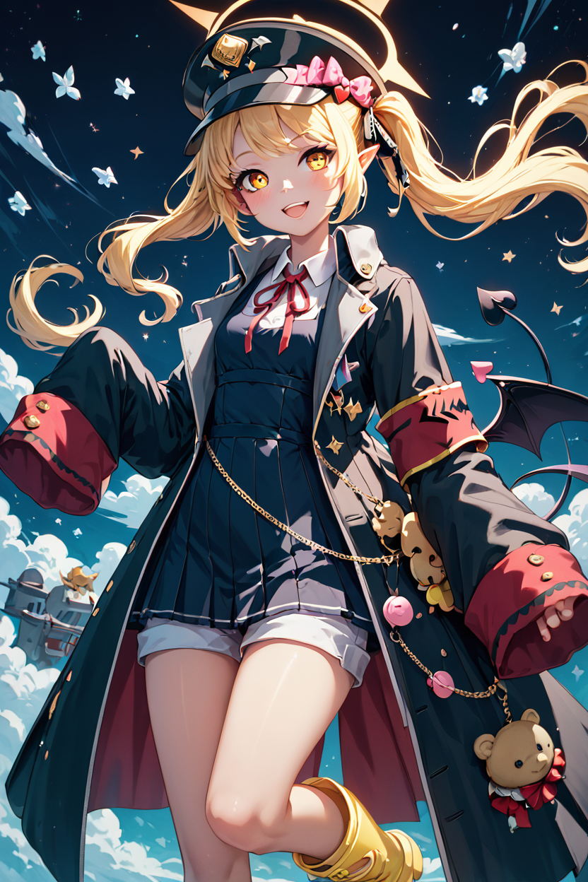 score_9, score_8_up, score_8, medium breasts, (curvy), cute, eyelashes,       BREAK, , ,,, zzIbuki, yellow eyes, yellow halo, blonde hair, long hair, tail, side ponytail, horns, demon horns, black horns, hair ribbon, pointy ears, wings, demon wings, black wings, tail, demon tail, horns, black tail, demon horns, black horns, demon girl, low wings, hair ribbon, neck ribbon, black headwear, red ribbon, peaked cap, black coat, collared shirt, long sleeves, open coat, pinafore dress, sleeves past fingers, black dress, hat bow, white shirt, yellow footwear, boots, white shorts, oversized clothes, red armband, military hat, pink bow, <lora:Ibuki_BlueArchive_PDXL:0.8>,    ,,,, BREAK, smile, looking at viewer, cowboy shot, ,,, embedding:zPDXL, <lora:Hyperdriver_PDXL_v3:0.5>,