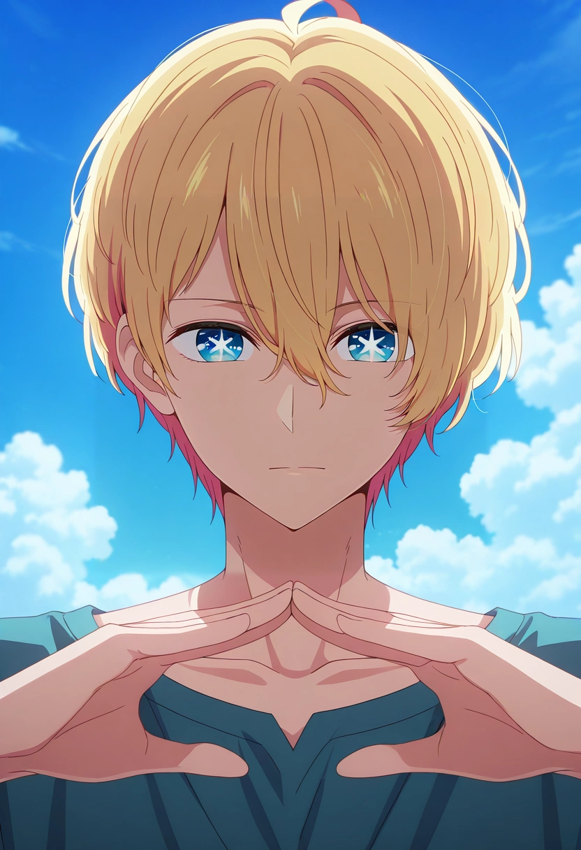 masterpiece, best quality, , anime screencap, anime coloring, official style, looking at viewer, 1boy, solo, male focus, <lora:aquamarine_hoshino_ilxl:0.94>, aquamarine_hoshino, blonde hair, blue eyes, bangs, hair between eyes, short hair, symbol-shaped pupils, star-shaped pupils, sky sanctuary, floating altars, cloud shrines, serene vistas, meditating pose, tranquil expression, dawn mist,