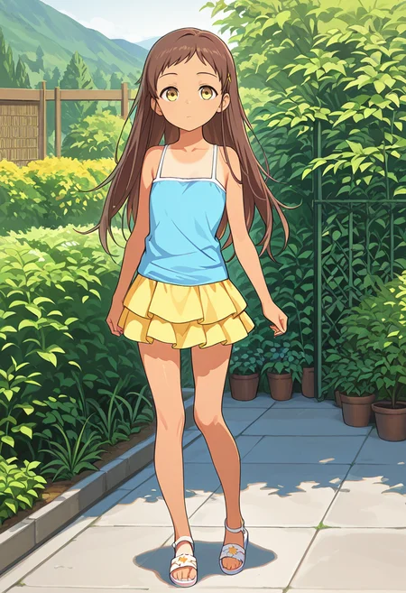 masterpiece,high quality details,
outdoors, garden,
<lora:Sayama_Chie:0.8>
chie_cnr, 1girl, brown hair, long hair,yellow eyes, tan, tanlines, hairclip,
collarbone,yellow layered skirt, camisole, sandals,, expressionless,crazy,