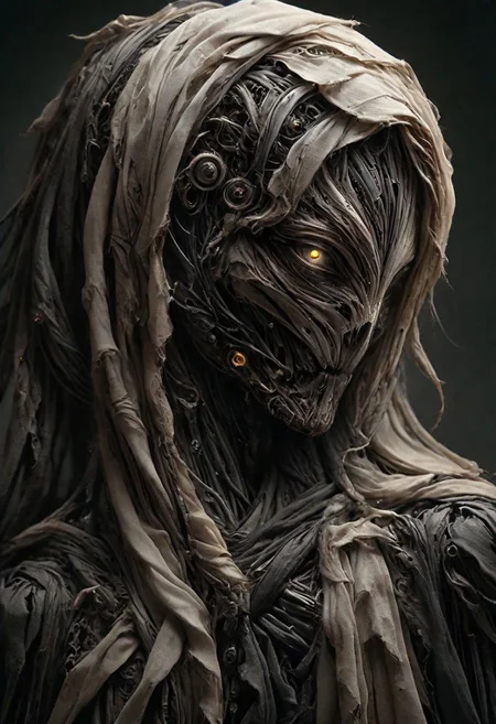 Super Closeup Portrait, Create a bright Sci-fi description capturing the essence of an indian cyborg woman in a close-up photograph, featuring real human green-gray eyes with an intense gaze. The subject has long flowing hair, draped in a ghostly white star wars linen cloak billowing in the wind. The face is a striking fusion of a vibrant colourful half-cyborg with intricately crafted black saphir elements, cables, wires and half-human skin, creating a mesmerizing and enigmatic presence. standing at the ocean in bright sunlight, ethereal, sunray, 
very detailed, atmospheric haze, Film grain, cinematic film still, shallow depth of field, highly detailed, high budget, cinemascope, moody, epic, OverallDetail, gorgeous, 2000s vintage RAW photo, photorealistic, candid camera, color graded cinematic, eye catchlights, atmospheric lighting, skin pores, imperfections, natural, shallow dof