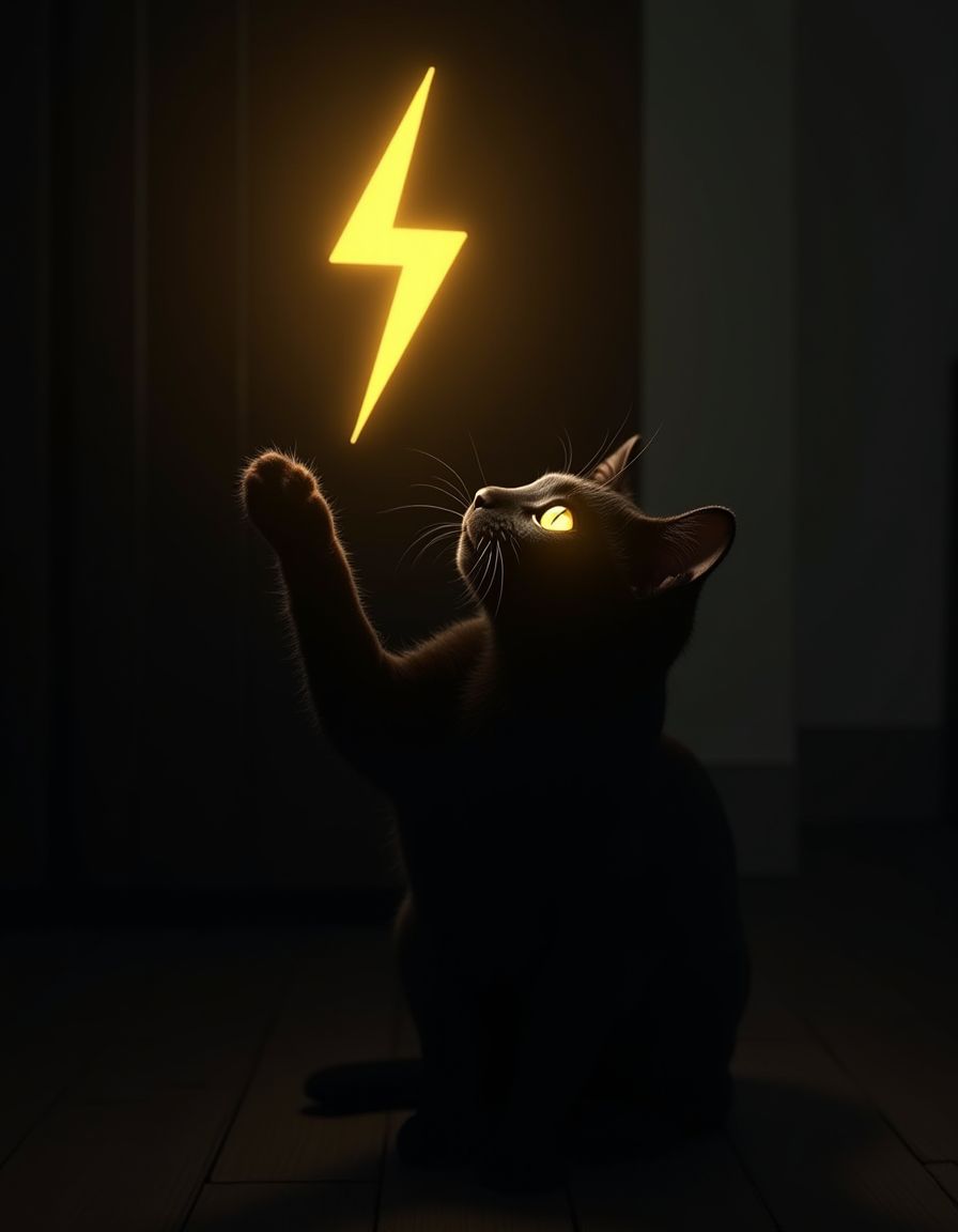 black cat trying to catch with paw floating yellow lightning bolt symbol
, in cat's eyes a reflection of lightning bolt symbol
, in a dark room