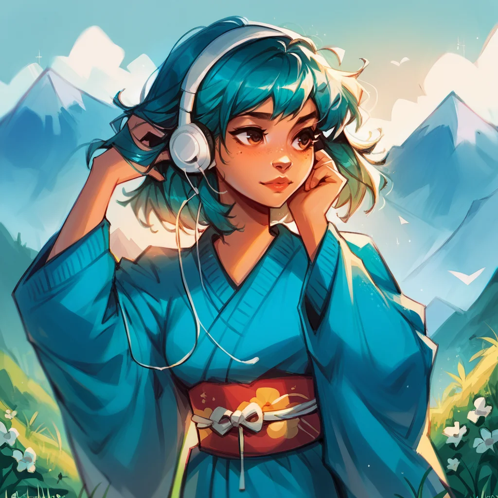 score_9, score_8_up, score_7_up, score_6_up, score_5_up, <lora:l0tusbubbl3XLP:1> l0tusbubbl3, kimono, headphones, mountain, blue sweater, freckles, hand in own hair, 1girl