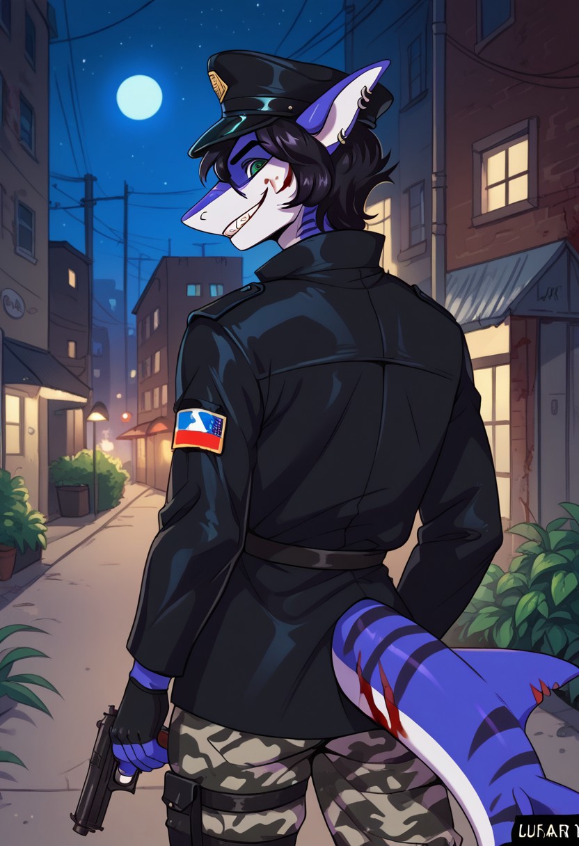 ziffir_stylepxl,  score_9, score_8_up, score_7_up, 1boy, solo, lunarsunxl, anthro shark,dark blue skin, stripes on the body, short hair,lush hair,black hair, green eyes, shark tail, ear piercing, BREAK, black officer's cap of the USSR soldiers, long black leather raincoat, black fingerless gloves, camouflage pants, rear view turns to the viewer, predatory gaze, crazy eyes, wide smile, shark teeth, bloody face, holding a mauser pistol, background night alley of the city, night, dark atmosphere, horror