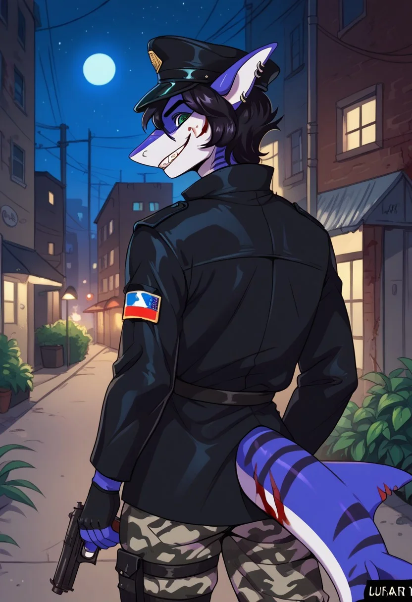 ziffir_stylepxl, score_9, score_8_up, score_7_up, 1boy, solo, lunarsunxl, anthro shark,dark blue skin, stripes on the body, short hair,lush hair,black hair, green eyes, shark tail, ear piercing, BREAK, black officer's cap of the USSR soldiers, long black leather raincoat, black fingerless gloves, camouflage pants, rear view turns to the viewer, predatory gaze, crazy eyes, wide smile, shark teeth, bloody face, holding a mauser pistol, background night alley of the city, night, dark atmosphere, horror