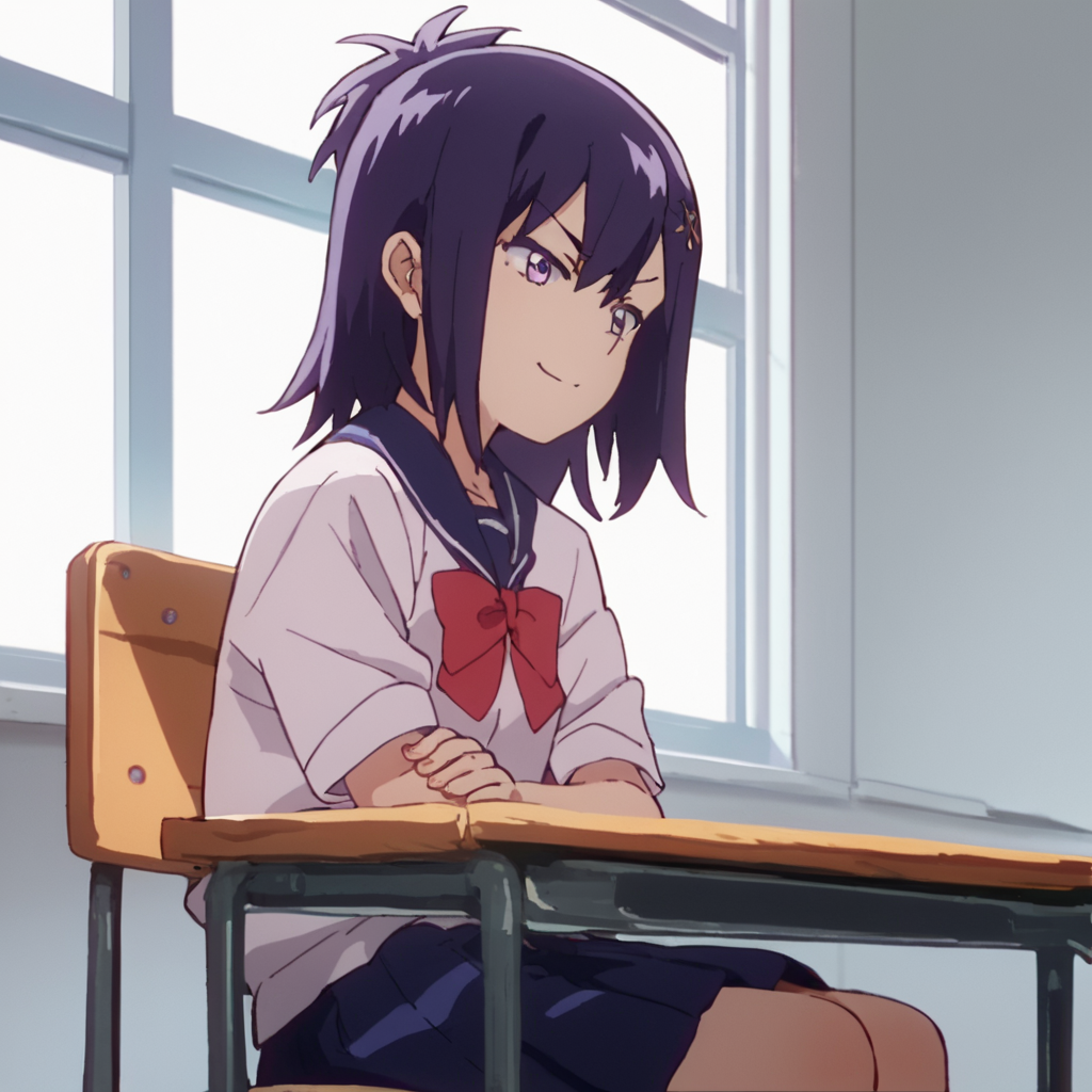 score_9, score_8_up, score_7_up, score_6_up, score_5_up, score_4_up, source_anime,  Vignette_DO, school uniform, smirk, sitting, class room, , purple hair