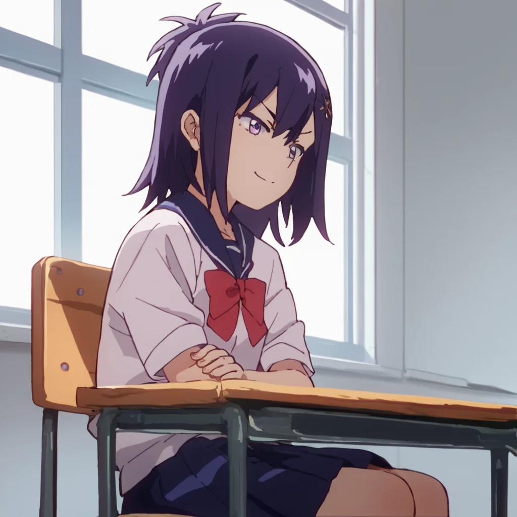 score_9, score_8_up, score_7_up, score_6_up, score_5_up, score_4_up, source_anime, Vignette_DO, school uniform, smirk, sitting, class room, , purple hair
