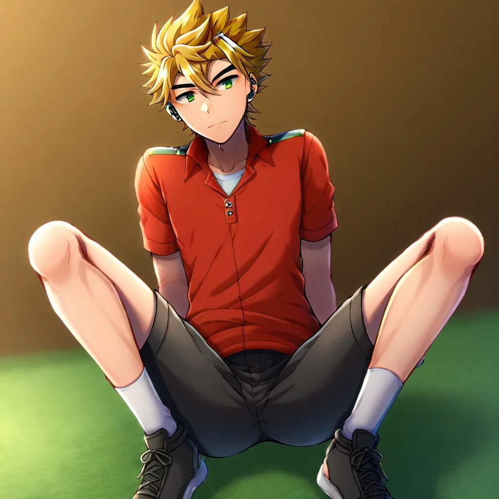 hikarishi_kenji_v2, green eyes, blonde hair, spiky hair, bangs, 1boy, solo, male focus, red shirts, black shorts, white socks, black shoes