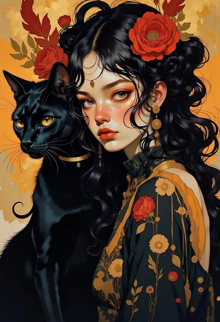 A dark haired woman with a black cat, hints of red and amber, african tribal elements, ethereal mysterious, masterpiece, intricate details
