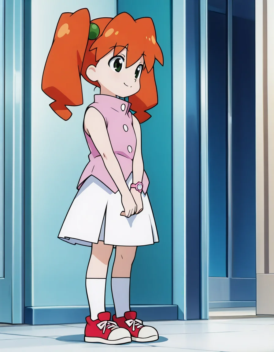 (masterpiece:1.4), (best quality:1.4), very aesthetic,illustration, newest,best quality, amazing quality, very aesthetic, absurdres, 1 girl,karin_jyunmai,
,twintails, orange hair,female child
pink vest,sleeveless,white skirt,red sneakers,white socks,knee-high socks,wristwatch,anime screenshot,official art
<lora:karin_jyunmai_v4:1>
standing,v-arms,smile
from side