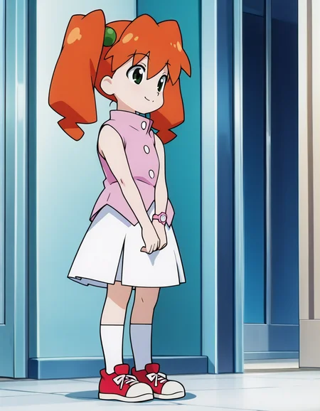 (masterpiece:1.4), (best quality:1.4), very aesthetic,illustration, newest,best quality, amazing quality, very aesthetic, absurdres, 1 girl,karin_jyunmai,
,twintails, orange hair,female child
pink vest,sleeveless,white skirt,red sneakers,white socks,knee-high socks,wristwatch,anime screenshot,official art 
 <lora:karin_jyunmai_v4:1>
standing,v-arms,smile
from side