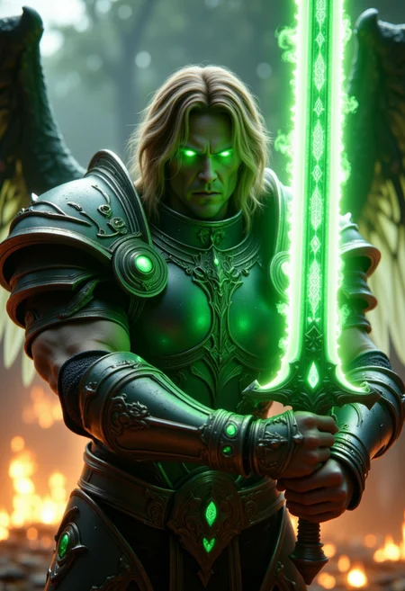 a cinematic photograph of an male angel warrior with blonde hair, super detaild and beautiful face and green glowing eyes wearing shiny armor wielding a green flaming sword in an attacking pose, white and green wings on back, photorealistic, photography lighting, extremely detailed, shot on Sony A7R V with Leica lens, fire background, hkstyle, R3alisticF