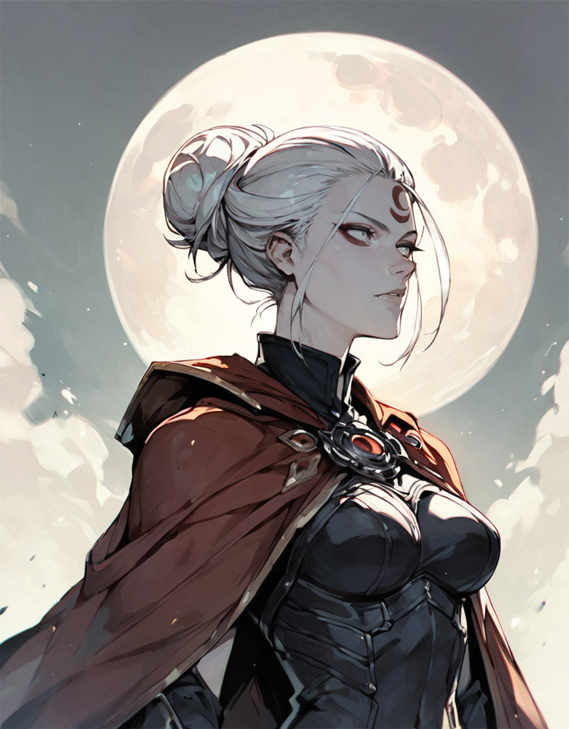 <lora:Sinozick_Style_XL_Pony:1> sinozick style  <lora:TAMIYO:0.86> tamiyo, 1girl, solo, colored skin, white hair, gloves, breasts, facial mark, hair bun, cape, forehead mark, moon, source_anime, score_9_up,  score_7_up, score_8_up
