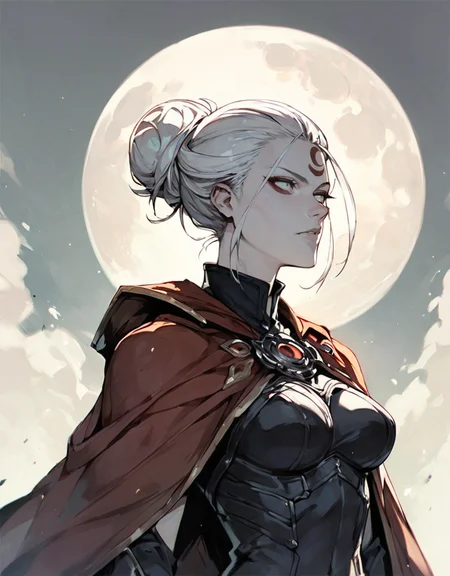 <lora:Sinozick_Style_XL_Pony:1> sinozick style <lora:TAMIYO:0.86> tamiyo, 1girl, solo, colored skin, white hair, gloves, breasts, facial mark, hair bun, cape, forehead mark, moon, source_anime, score_9_up, score_7_up, score_8_up