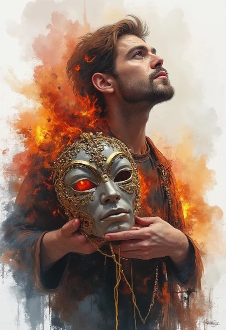 Cinematic style,
A man with a love mask in hos hand, Watercolor, trending on artstation, sharp focus, studio photo, intricate details, highly detailed, by greg rutkowski, Watercolor, trending on artstation, sharp focus, studio photo, intricate details, highly detailed, by greg rutkowski