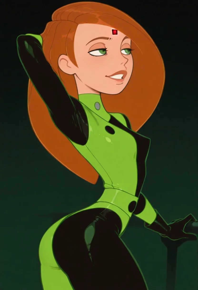 1girl, solo, masterpiece, best quality, amazing quality, absurdres BREAK mind control chip, kim possible, ginger hair, long hair, green eyes, forehead ornament, glowing red light, skinny, black and green bodysuit, two-toned uniform, gloves, green belt, evil eyes, smug, alluring, posing, dynamic pose, sexy, alluring, one hand behind head, one hand on hips, hips to side, wide hips, bubble butt, curvy, small breasts, dynamic pose, sexy,