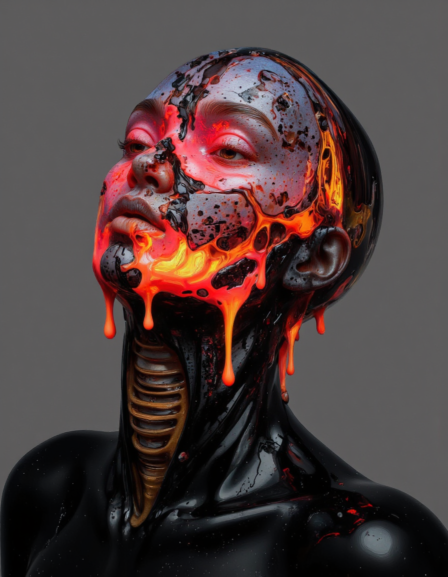 Delirium style. This is a digital CGI artwork depicting a stylized human head with a striking, otherworldly appearance. The head is rendered in a sleek, futuristic, and almost alien-like manner. The skin is a glossy, black material that has a slightly gritty texture, with areas of wear and tear suggesting a worn or used look. The face and neck are illuminated by vivid, neon-like colors, primarily red and orange, which create a sense of intense heat and energy. The colors are highly dynamic and fluid, with a liquid-like quality that appears to be melting or flowing. The eyes are replaced by glowing, abstract shapes that resemble electric arcs, adding to the futuristic and sci-fi feel. The mouth is open, with a similar glowing effect inside, giving the impression of a scream or intense emotion. The background is a solid, dark gray, which contrasts sharply with the bright, neon colors of the head, making the subject stand out. The overall composition is highly detailed, with a focus on the textures and the interplay of light and shadow. The image evokes a sense of mystery and otherworldliness, with a strong emphasis on the use of color and light to create a visually striking and dynamic effect. <lora:Bonafida.Studio:1>