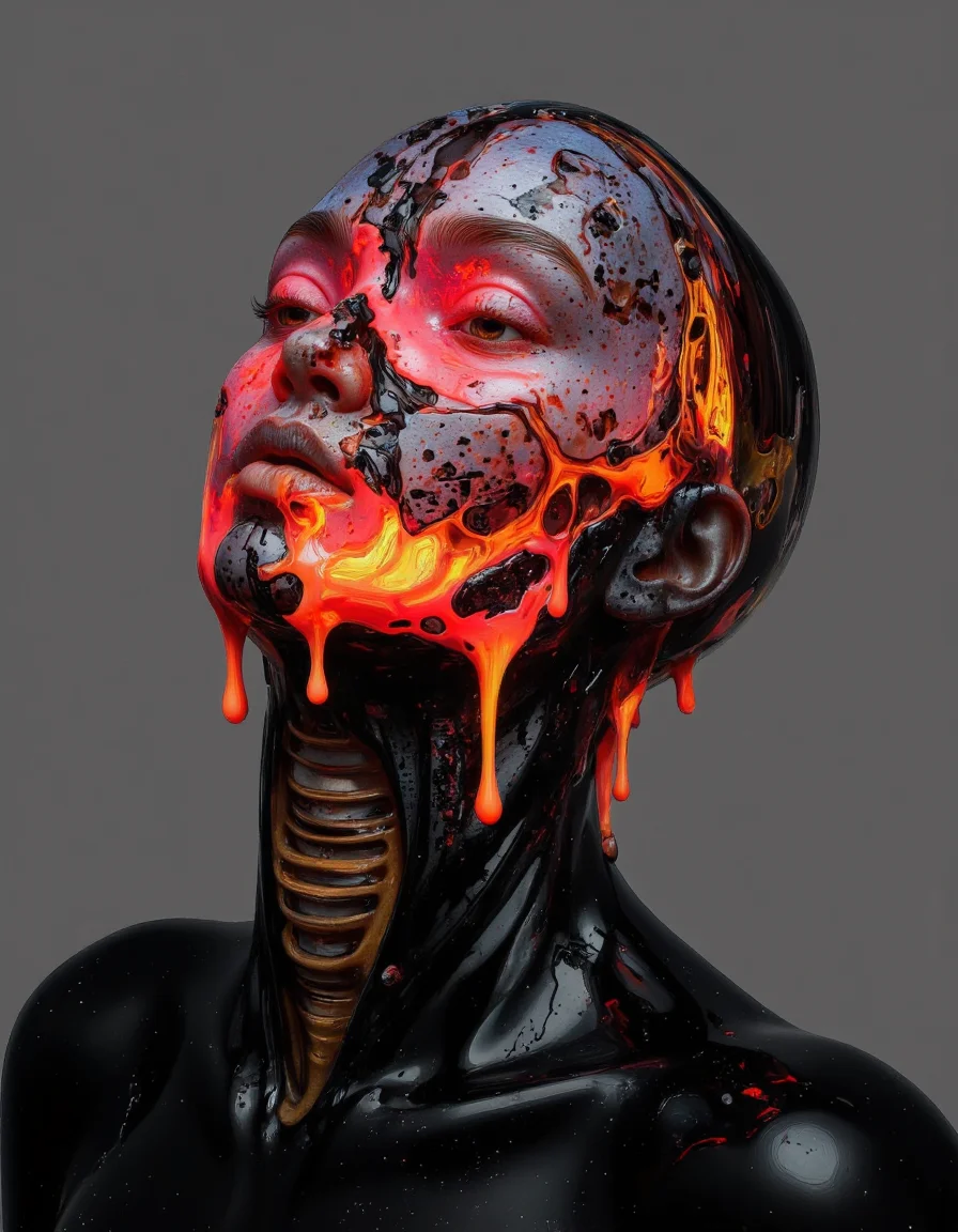 Delirium style. This is a digital CGI artwork depicting a stylized human head with a striking, otherworldly appearance. The head is rendered in a sleek, futuristic, and almost alien-like manner. The skin is a glossy, black material that has a slightly gritty texture, with areas of wear and tear suggesting a worn or used look. The face and neck are illuminated by vivid, neon-like colors, primarily red and orange, which create a sense of intense heat and energy. The colors are highly dynamic and fluid, with a liquid-like quality that appears to be melting or flowing. The eyes are replaced by glowing, abstract shapes that resemble electric arcs, adding to the futuristic and sci-fi feel. The mouth is open, with a similar glowing effect inside, giving the impression of a scream or intense emotion. The background is a solid, dark gray, which contrasts sharply with the bright, neon colors of the head, making the subject stand out. The overall composition is highly detailed, with a focus on the textures and the interplay of light and shadow. The image evokes a sense of mystery and otherworldliness, with a strong emphasis on the use of color and light to create a visually striking and dynamic effect. <lora:Bonafida.Studio:1>