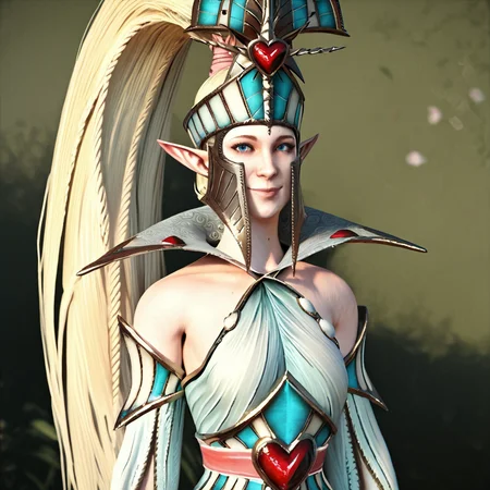 score_9, score_8_up, score_7_up, 3d, rating_safe,
blue eyes, huge ponytail, elf ears,
hat, helmet, heart motif, bridal gauntlets,
Looking at viewer, happy,
Alarielle,
 <lora:Alarielle_PonyXL:1>