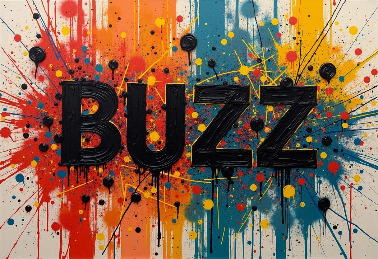 score_9, score_8_up, score_7_up, Jackson Pollock style art with the word “BUZZ” hidden in the art.