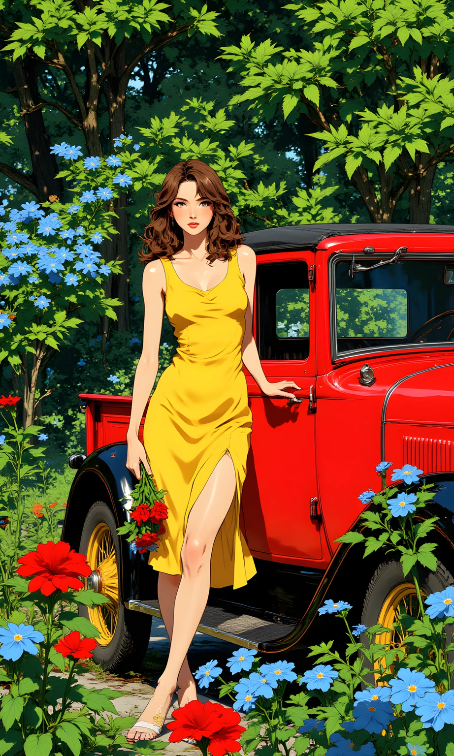 Artistic scene featuring a woman standing next to a vintage red Ford Model A. The woman is dressed in an yellow, sleeveless dress that has a modern vibe, complementing the classic car beside her. Her pose is confident and elegant, with one hand holding a bouquet of red flowers and greenery, adding a touch of nature and color to the composition.
The background is lush and vibrant, filled with various plants and trees. There are blue flowering plants that stand out against the green foliage, creating a visually appealing contrast. The setting appears to be outdoors, possibly in a garden or a park, with natural light illuminating the scene.
The overall mood of the image is one of nostalgia and beauty, combining elements of fashion, nature, and vintage charm. The woman's outfit, the classic car, and the surrounding greenery all contribute to a harmonious and aesthetically pleasing photograph.
j_art, anime, anime art, <lora:FLUX\jul\J_Anime:0.7>, <lora:FLUX\RealAnime:0.7>