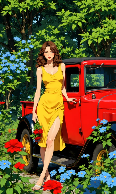 Artistic scene featuring a woman standing next to a vintage red Ford Model A. The woman is dressed in an yellow, sleeveless dress that has a modern vibe, complementing the classic car beside her. Her pose is confident and elegant, with one hand holding a bouquet of red flowers and greenery, adding a touch of nature and color to the composition.
The background is lush and vibrant, filled with various plants and trees. There are blue flowering plants that stand out against the green foliage, creating a visually appealing contrast. The setting appears to be outdoors, possibly in a garden or a park, with natural light illuminating the scene.
The overall mood of the image is one of nostalgia and beauty, combining elements of fashion, nature, and vintage charm. The woman's outfit, the classic car, and the surrounding greenery all contribute to a harmonious and aesthetically pleasing photograph.
j_art, anime, anime art, <lora:FLUX\jul\J_Anime:0.7>, <lora:FLUX\RealAnime:0.7>