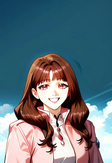masterpiece, top quality, best quality, 1 girl, solo, long hair, brown hair, a pink jacket with a high collar, smile