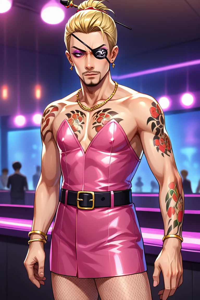 score_9, score_8_up, score_7_up, BREAK, 1boy, solo, <lora:majima-guy-PONYv1:.9>, majima, majimaDEF, eyepatch, tattoo, nightclub, pink dress, blonde hair, hair bow, pink bow, hair bun, fishnets, belt, animal print, blunt bangs, crossdressing, earrings, eyeshadow, hair stick, makeup, necklace, strapless, bodycon, big hair, bracelet, chest tattoo, arm tattoo, goatee,