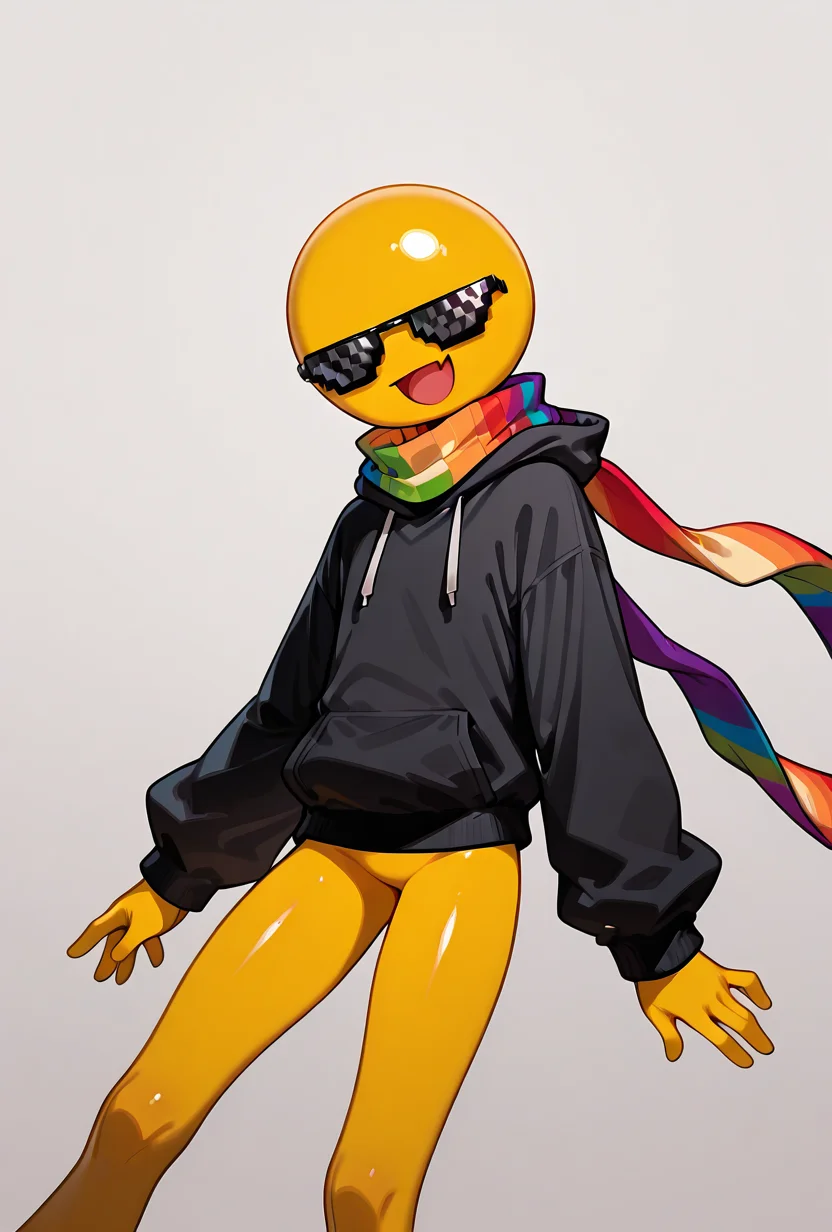 <lora:xmattar-10:1> xmattar, open mouth, rainbow scarf, , solo, smile, pixel sunglasses, 1boy,black hoodie, yellow skin, circular head,,yellow legs, no pants, dynamic pose,, masterpiece, best quality, amazing quality, very aesthetic, absurdres, newest,