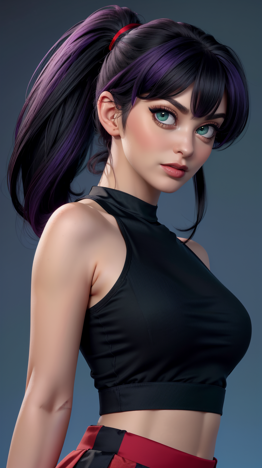 <lora:Jessica_Dupont:1>, solo, upper body, looking at viewer, high ponytail, black and violet harir, green eyes, black top, t-shirt, red squared skirt, blue background, simple background, <lora:LORA-XenoDetailer-v2:1> <lora:Sexy School Uniform By Stable Yogi:0.6>