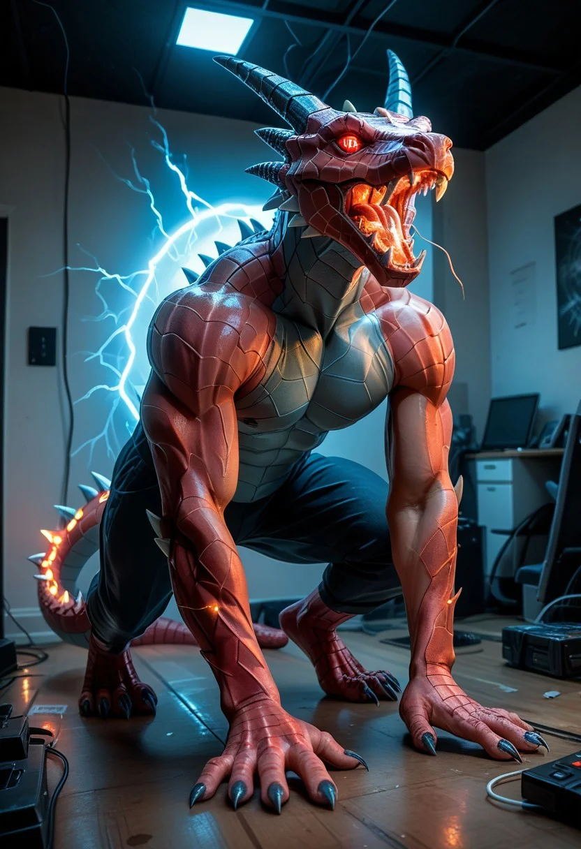 end_tripwire_morph, no humans, spikes, teeth, dragon made out of wire and electrical cables, tail, sharp teeth, claws, open mouth, solo, neon, wires, made of wires, cables, outlined with wires and neon, neon outlines, wire sculpture, neon wire sculpture, PonyXLV6_Scores
Head: glowing red eyes, turn head around facing viewer, looking at viewer
Body: big and tall body, muscular body, (red and black skin color), electrical body, release blue lightning around body
Environment/ place: inside facility, dark lab room, metal floor
Pose: stand on floor, hunting pose, looking at viewer