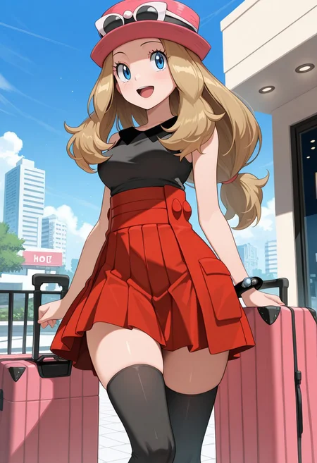 masterpiece, best quality, amazing quality, 1girl, zzSerena, solo, long hair, blue eyes, eyewear on headwear, pink headwear, eyelashes, sleeveless shirt, black shirt, bracelet, high-waist skirt, red skirt, black thighhighs, outside hotel, luggage case, happy, blue sky