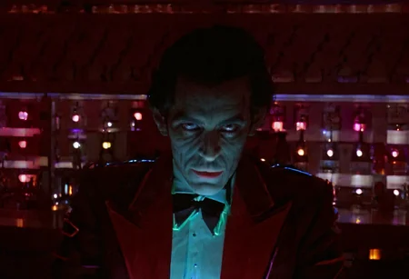 bartender, man, closeup, evil look, bar, neon light, Overlook Hotel, indoors, highly detailed, 4K, ((grainy 35mm photo))