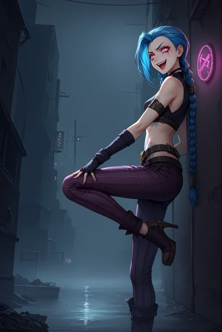 score_9, score_8_up, score_7_up, score_6_up, anime source, anime style, solo, 1girl,
<lora:P-Jinx:1> j1nx, tattoo, blue hair, asymmetrical bangs, long hair, twin braids, purple eyes, glowing eyes,
pants, bare shoulders, crop top, gloves, belt, midriff, high heels,
small breasts, from side, side view, one leg up, evil laugh, v shaped eyebrows, parted lips, crazy laugh, crazy, eyelashes, standing, looking at viewer,
underground city, sewer canal, neon lights, neon signs, wet ground, dirty water, polluted canal, industrial pipes, dark alley, grimy walls, cyberpunk atmosphere, dystopian setting, trash on ground, rusty metal, gloomy lighting, foggy, misty rain