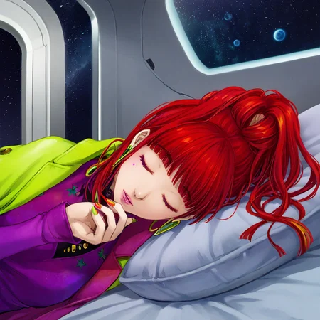 masterpiece, best quality, official artwork, 1girl, solo, sq, red hair, jewelry, earrings, purple eyes, lips, nail polish, makeup, long hair, ponytail, jacket, dress, spaceship room background, sleeping on a bed