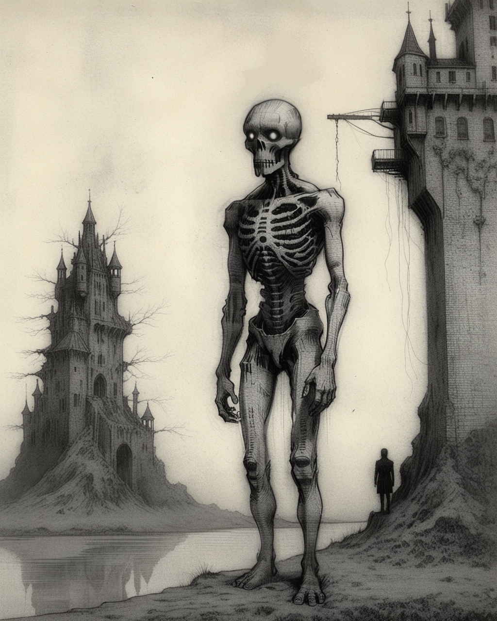 pixeldust_sketch, (steampunk robot in front of gothic castle, psychedelic gloomy masterpiece)0.5, (by Beksinski)0.9