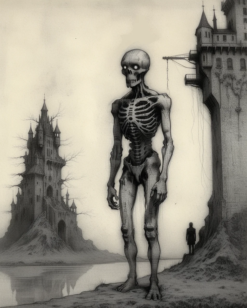 pixeldust_sketch, (steampunk robot in front of gothic castle, psychedelic gloomy masterpiece)0.5, (by Beksinski)0.9