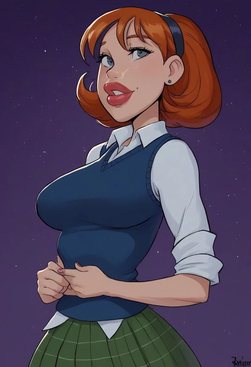 masterpiece,best quality, highly detailed, score_9, score_8_up, score_7_up, score_6_up,source_cartoon, sharona, 1girl, hairband, big breasts, solo, lips, red hair, thick lips, 1girl, 20yo, 1girl, large breasts, sexy face, young face, beautyful face,very aesthetic, masterpiece, best quality, highres, perfect lighting,  detailed, sharona, 1girl, hairband, breasts, solo, lips, school uniform,sweater vest,skirt (light particles:1.1), partially illuminated,