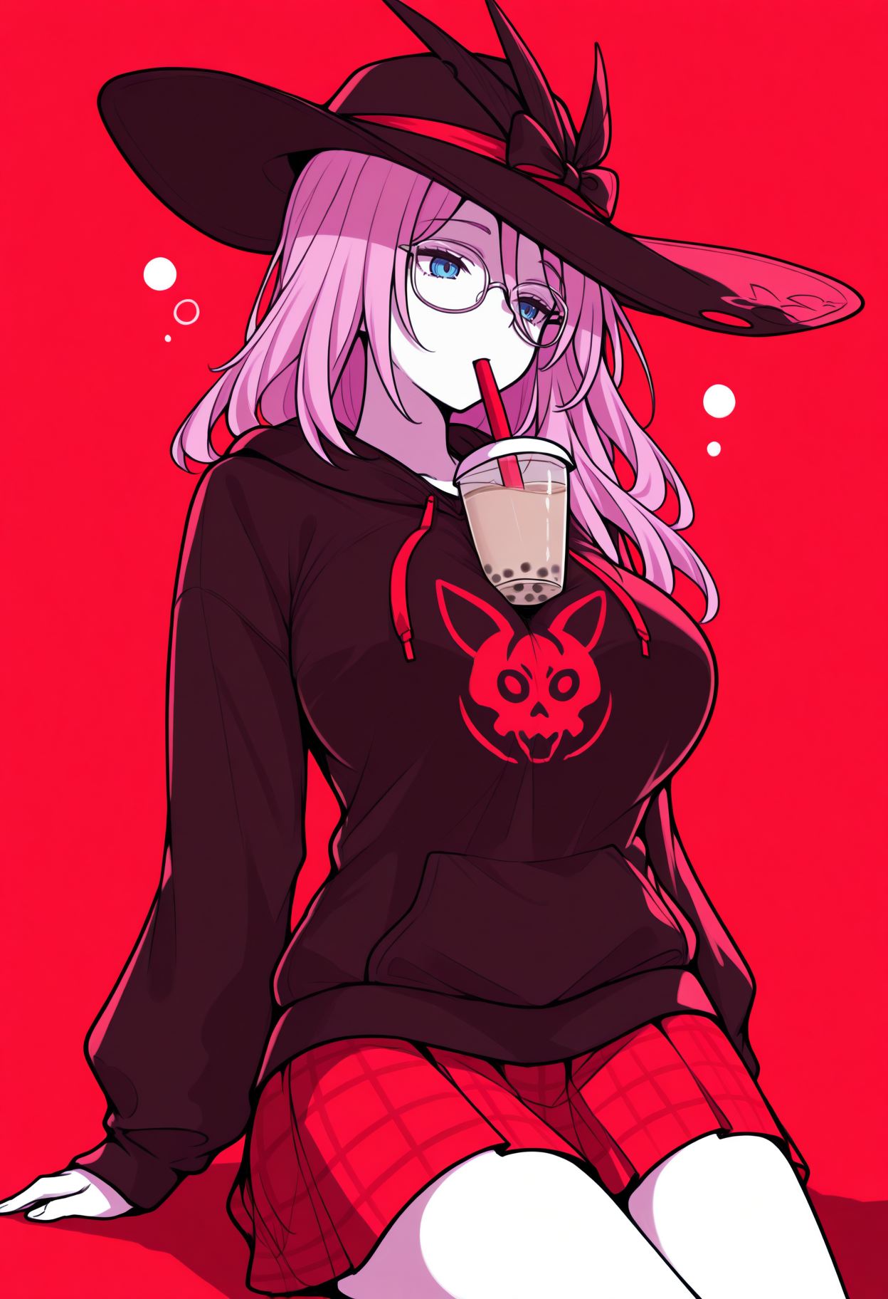 masterpiece, best quality, 1girl solo, ChaJdHSR, blue eyes, pink hair, long hair, black hat, plaid skirt, hoodie, red theme, dark theme, limited color palette, lineart, cowboy shot, bubble tea challenge, glasses, game controller, sitting, large breasts,  <lora:ChamJadeHSRIllustriousXL:1>