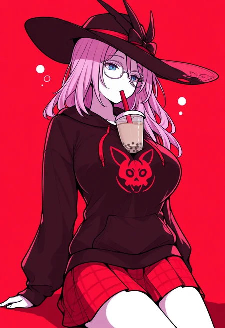 masterpiece, best quality, 1girl solo, ChaJdHSR, blue eyes, pink hair, long hair, black hat, plaid skirt, hoodie, red theme, dark theme, limited color palette, lineart, cowboy shot, bubble tea challenge, glasses, game controller, sitting, large breasts, <lora:ChamJadeHSRIllustriousXL:1>