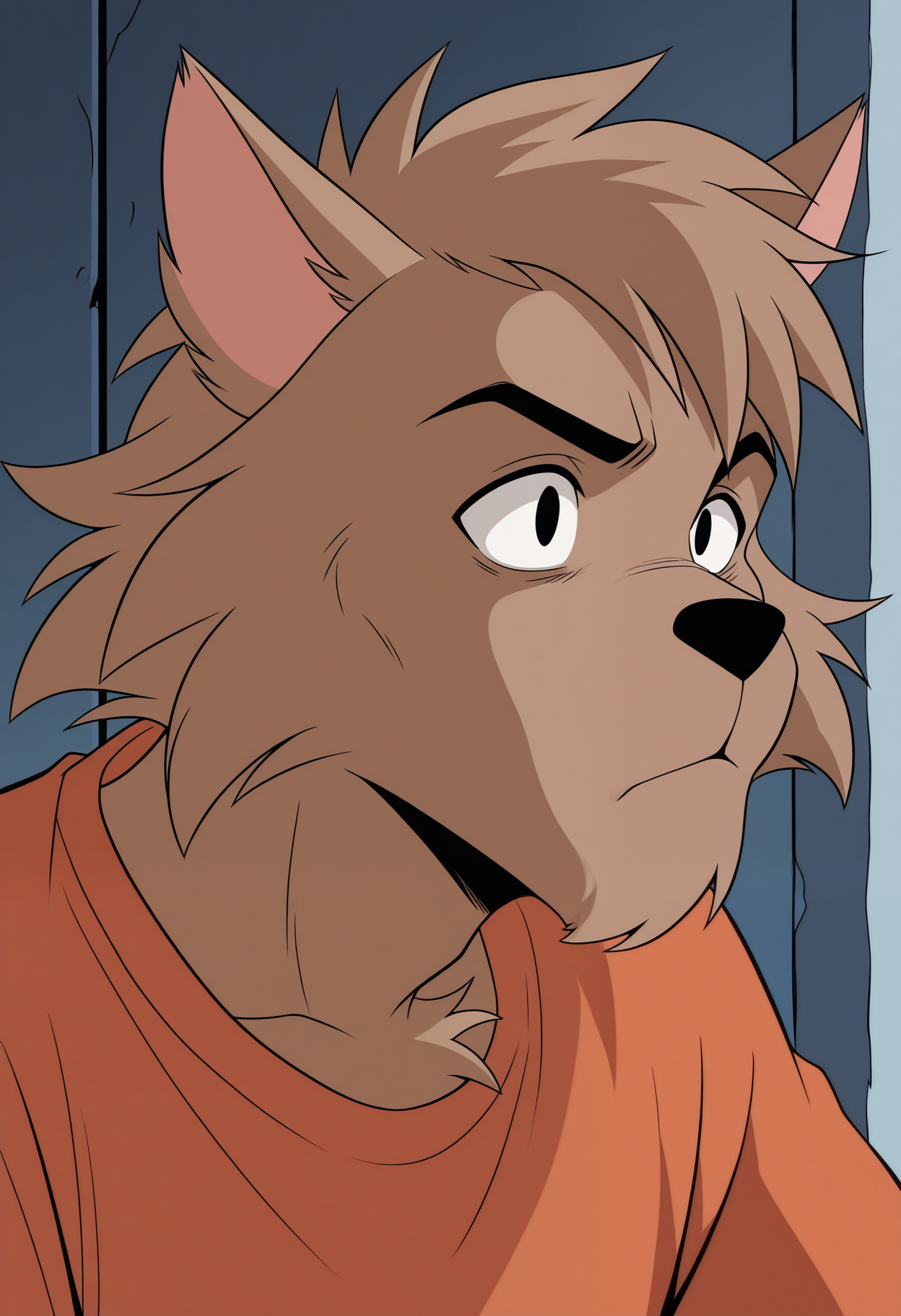 masterpiece,best quality,amazing quality, h4rd dr1v3, furry, black eyes, brown fur, orange shirt, close up, side angle, 