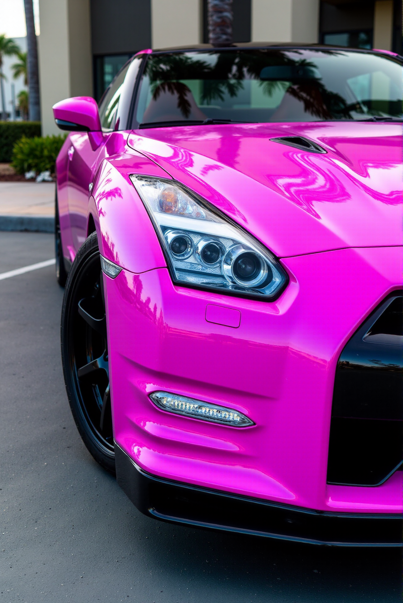 <lora:Nissan_GT-R_R35:0.7>  A slightly from a side of a gorgeous Nissan GT-R R35 in all its shining glory. In a style of clean look. The car has pink paint job with silver undertone. Mirror-like, high gloss finish catches bright highlights. Vibrant color palette.