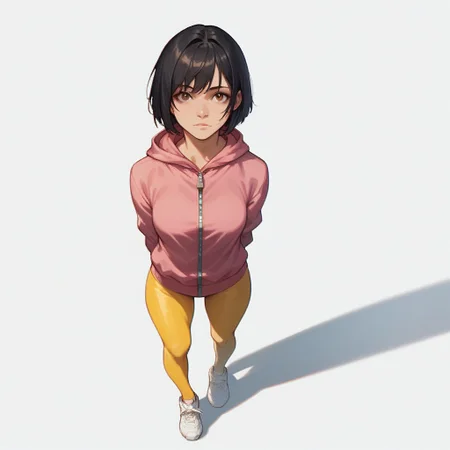 score_9, score_8_up, score_7_up, score_6_up, masterpiece, best quality, Sabr1nA, BREAK 1girl, solo, open eyes, brown eyes, medium breasts, black hair, bob haircut, short pink hoodie with hood and zipper, thin, yellow leggings, white sneakers, looking at the viewer, top view, high angle, hands behind back, full body, standing, simple background, white background, masterpiece, best quality