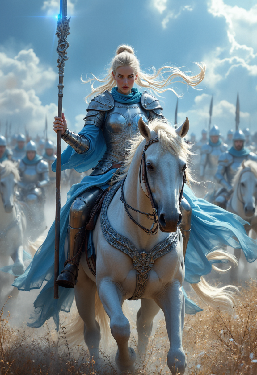 ethereal fantasy concept art of breathtaking A beautiful and elegant depiction of a high elf Handmaiden of the Everqueen from Warhammer Fantasy,standing in front of a squadron of heavy cavalry on a majestic white horse preparing to charge . her lance head gleaming with an ethereal glow, she wears blue and silver armor adorned with delicate Elven craftsmanship, flowing pale blue cloak trailing behind her, she wears greaves and an armored skirt, Her golden hair is in a high ponytail style flowing in the wind . as the army behind her shimmers with vibrant colors and magical light. The atmosphere is tense, intricate details on the armor spear and horse in a realistic fantasy setting.

Hyper detailed in the artistic styles of Adrian Smith, Mark Gibbons, and Paul Dainton
highly detailed background of a heavily armored high elf cavalry army

highly detailed background
<lora:Aura_Flux:0.55> auralora <lora:FluxMythP0rtr4itStyle:0.4> mythp0rt . award-winning, professional, highly detailed . magnificent, celestial, ethereal, painterly, epic, majestic, magical, fantasy art, cover art, dreamy