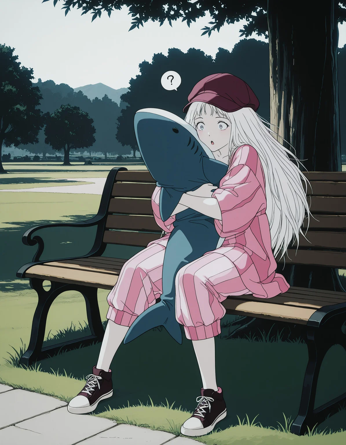1girl, g1rl, solo, white hair, sitting on park bench, hugging ikea shark, dress, surprised, question mark, cap, shirt, streetwear, rolled up pantslegs, sneakers,
grass, tree, sunlight,
masterpiece, best quality, absurdres, <lora:403d8f89-cda1-4154-ab18-8591a997e125:1.0>