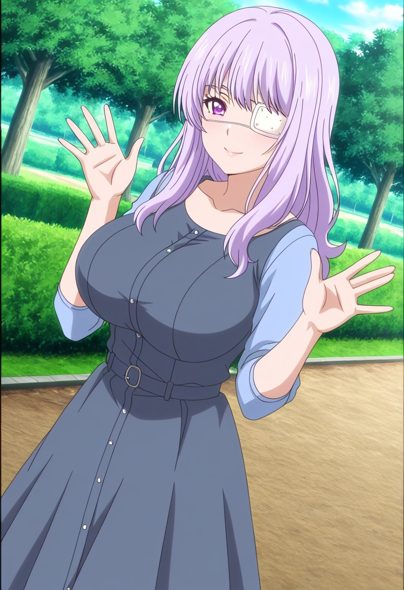 general,highres, ultra-detailed,very aesthetic,best quality ,best hands,best eyes,easynegative,
dynamic anglre, dutch angle, anime cloring,anime screencap,
1girl solo,looking at viewer,park,waving hand,smile,
Mei Hanamizuki,light purple hair, long_hair, purple eyes, huge_breasts, eyepatch,dress,