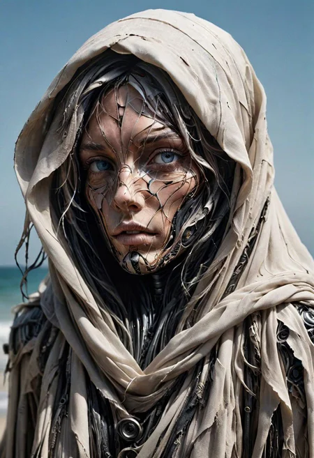 Super Closeup Portrait, Create a DARK dystopian Style-DA description capturing the essence of a freckled cyborg woman in a close-up photograph, featuring real human blue-gray eyes with an intense gaze. The subject has long flowing hair, draped in a ghostly black shadow linen cloak billowing in the wind. The face is a striking fusion of half-cyborg with intricately crafted gold elements and half-human skin, creating a mesmerizing and enigmatic presence. standing at the ocean in bright sunlight, ethereal, sunray,