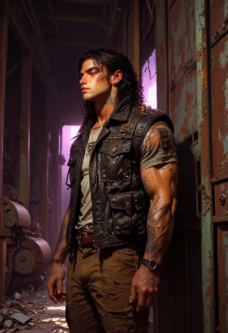 score_9, score_8_up, score_7_up, best quality, fine detail, digital painting, 1boy, solo, long curly wet black hair, muscular, black leather vest with studs, snake on shoulders, handsome, standing in a factory, wearing ripped cargo pants, wrinkled clothing, worn out tattered clothing, relaxing, carefree, melancholy, very detailed background, purple lighting, gritty, amber lighting, deep shadows, vivid detail, interesting composition, 8K, UHD, goonguy